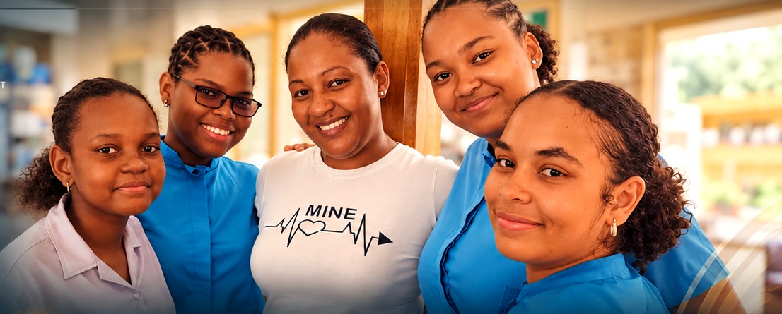 Smiling secondary-school students in uniform standing together with a teacher inside the school